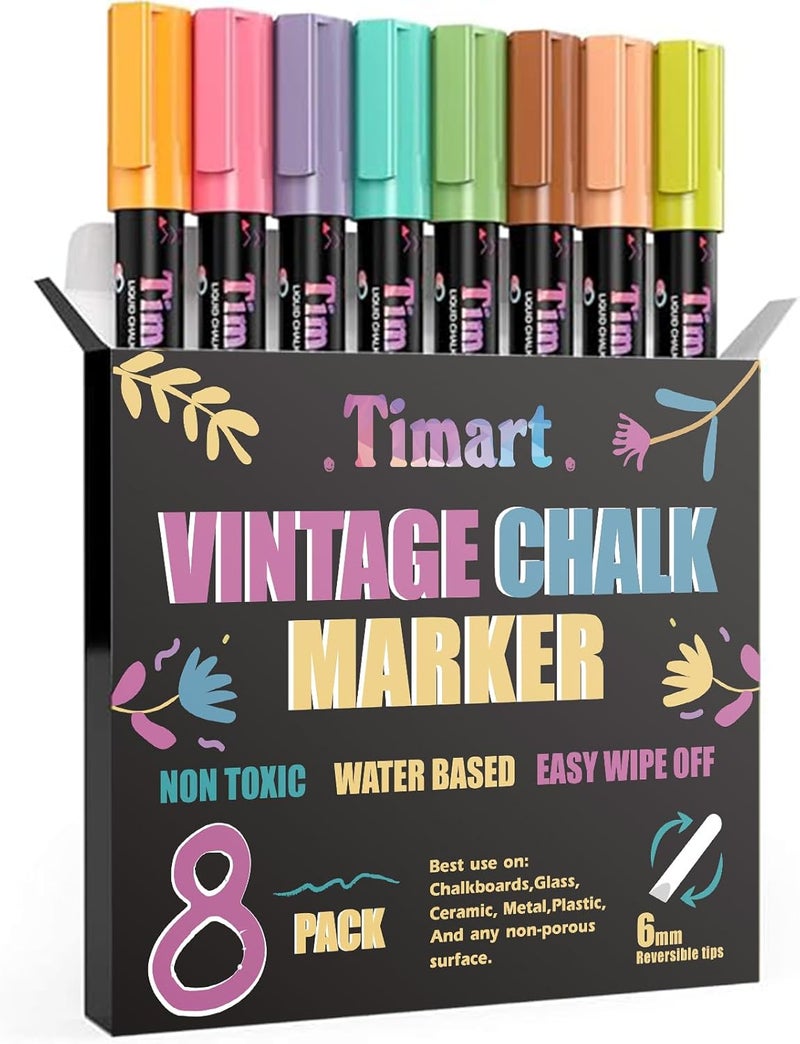 Timart Vintage 8 Pack Liquid Chalk Markers, Bold Wet & Dry Erase Marker Pens for Chalkboards Signs, Blackboards, Windows, Glass- 6mm Reversible Tip, with Chalkboard Labels - Image 1